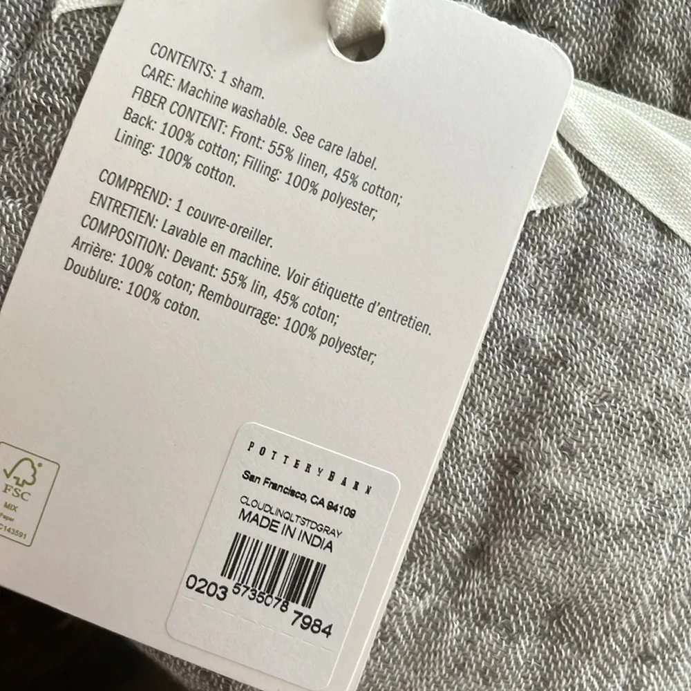 Pottery Barn Standard Cloud Linen Gray Pillow Sham, NWOT